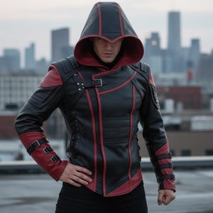 May include: Black and red hooded jacket with a unique design. The jacket features red accents along the seams, shoulders, and cuffs. It has a high collar and multiple buckles. The hood is black with a red interior. The jacket is worn over black pants.