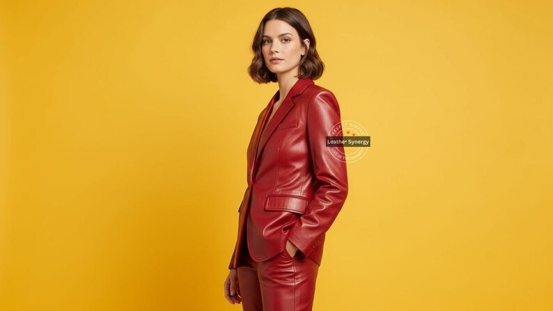 Op de afbeelding: Een rode leren blazer en bijpassende broek worden getoond tegen een gele achtergrond. De blazer heeft een klassiek ontwerp met een revers en een sluiting met &eacute;&eacute;n knoop. De broek is op maat gemaakt. De tekst "Leather Synergy" is zichtbaar.