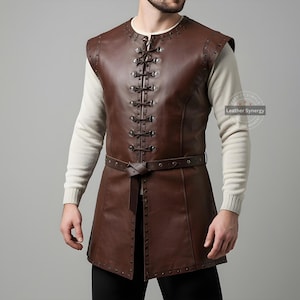 Custom Made Brown Leather Medieval Long Vest | Gothic Sleeveless Trench with Buckle Closure | Renaissance Warrior Leather Coat
