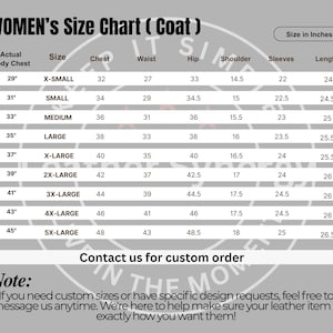 May include: A size chart for women's coats, with measurements in inches. The chart includes sizes from X-Small to 5X-Large, detailing chest, waist, hip, shoulder, sleeve, and length measurements. The text "Contact us for custom order" is also visible.