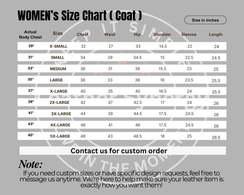 May include: A size chart for women's coats, with measurements in inches. The chart includes sizes from X-Small to 5X-Large, detailing chest, waist, hip, shoulder, sleeve, and length measurements. The text "Contact us for custom order" is also visible.