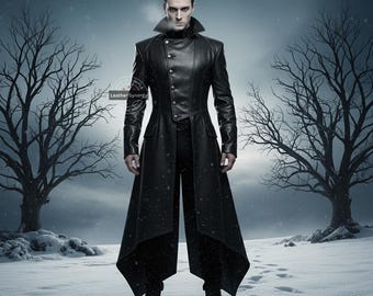 Handmade Men’s Genuine Leather Gothic Tailcoat | Custom Winter Vampire Coat | Tailored Long Duster
