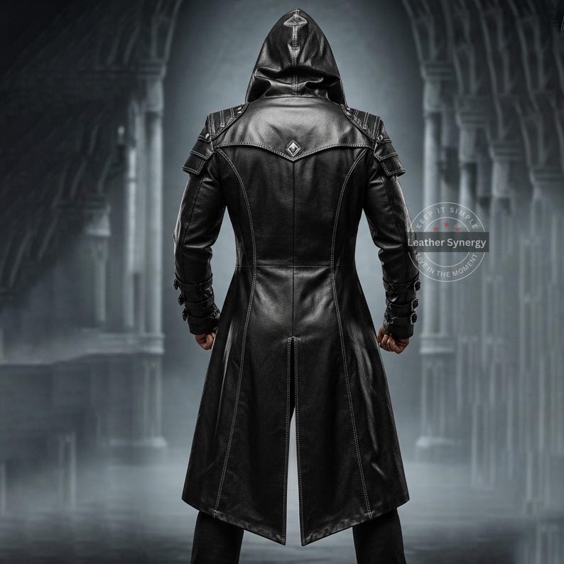 May include: A black leather hooded coat with intricate stitching and shoulder accents. The coat features a long, tailored design with a split back, and is worn by a person facing away from the camera. The coat has a buttoned cuff and a decorative emblem on the back.