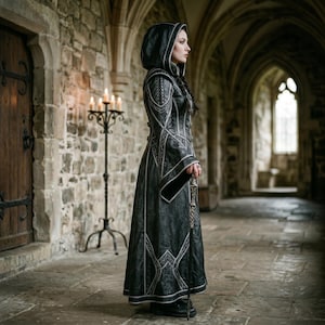 May include: A long, black hooded coat with intricate silver embroidery and trim. The coat features a fitted bodice, flared skirt, and long sleeves. The person is holding a decorative staff. The setting is a stone hallway with a candelabra.