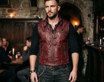 Chaleco de cuero para hombre hecho a mano, color burdeos, piel de vaca envejecida, múltiples hebillas, cuello alto, con cordones, estilo motero, para atuendo masculino, chaleco de cuero gótico