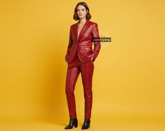 Handmade Red Genuine Leather Suit Set | Custom Leather Blazer & Pants | Personalized Tailored Office Chic | Statement Power Look
