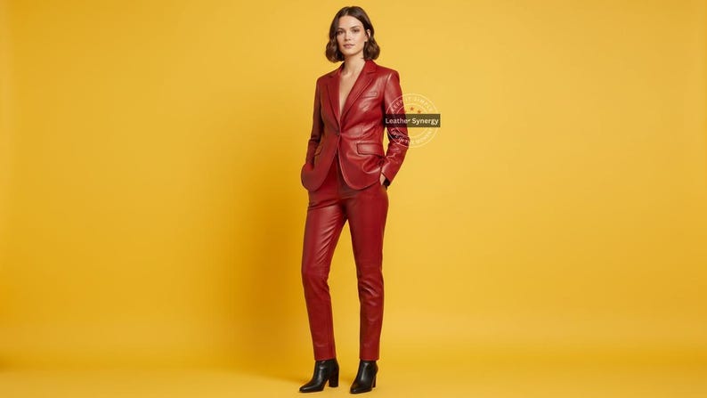 Op de afbeelding: Een rood leren pak, bestaande uit een blazer en broek, wordt getoond tegen een gele achtergrond. De blazer heeft een sluiting met &eacute;&eacute;n knoop en de broek is op maat gemaakt. De outfit wordt gedragen met zwarte enkellaarsjes. De tekst "Leather Synergy" is zichtbaar.