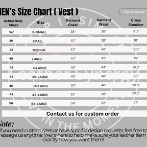 May include: A size chart for vests, with measurements in inches. The chart includes sizes from X-Small to 5X-Large, detailing actual body chest, garment chest, garment waist, and cross shoulder measurements. The text "Contact us for custom order" is also present.