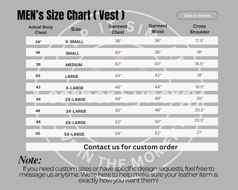May include: A size chart for vests, with measurements in inches. The chart includes sizes from X-Small to 5X-Large, detailing actual body chest, garment chest, garment waist, and cross shoulder measurements. The text "Contact us for custom order" is also present.