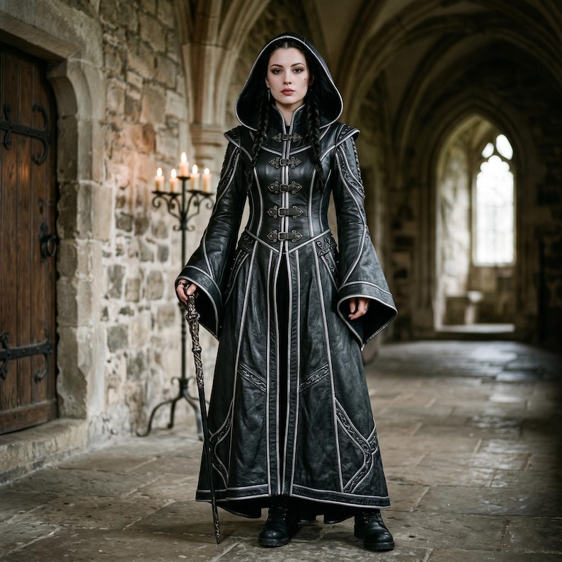 May include: A black hooded coat with silver trim and decorative stitching. The long coat features a button-up front, flared sleeves, and is worn with black boots. The person is holding a decorative staff in a stone hallway.