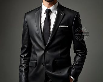 Custom Black Leather Blazer Jacket for Men | Men's Leather Formal Jacket | Black Leather Smart Casual Blazer | Custom Fit Leather Blazer