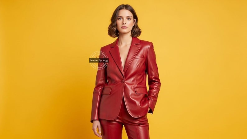Op de afbeelding: Een rode leren blazer en bijpassende broek. De blazer heeft een sluiting met &eacute;&eacute;n knoop en twee voorzakken. De outfit is een diepe tint rood, tegen een gele achtergrond. Het logo "Leather Synergy" is zichtbaar.