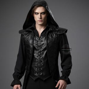 Custom Made Black Leather Halloween Double Vest for Men | Gothic Lace-Up Double Front Leather Vest | Long Cosplay Vampire Vest