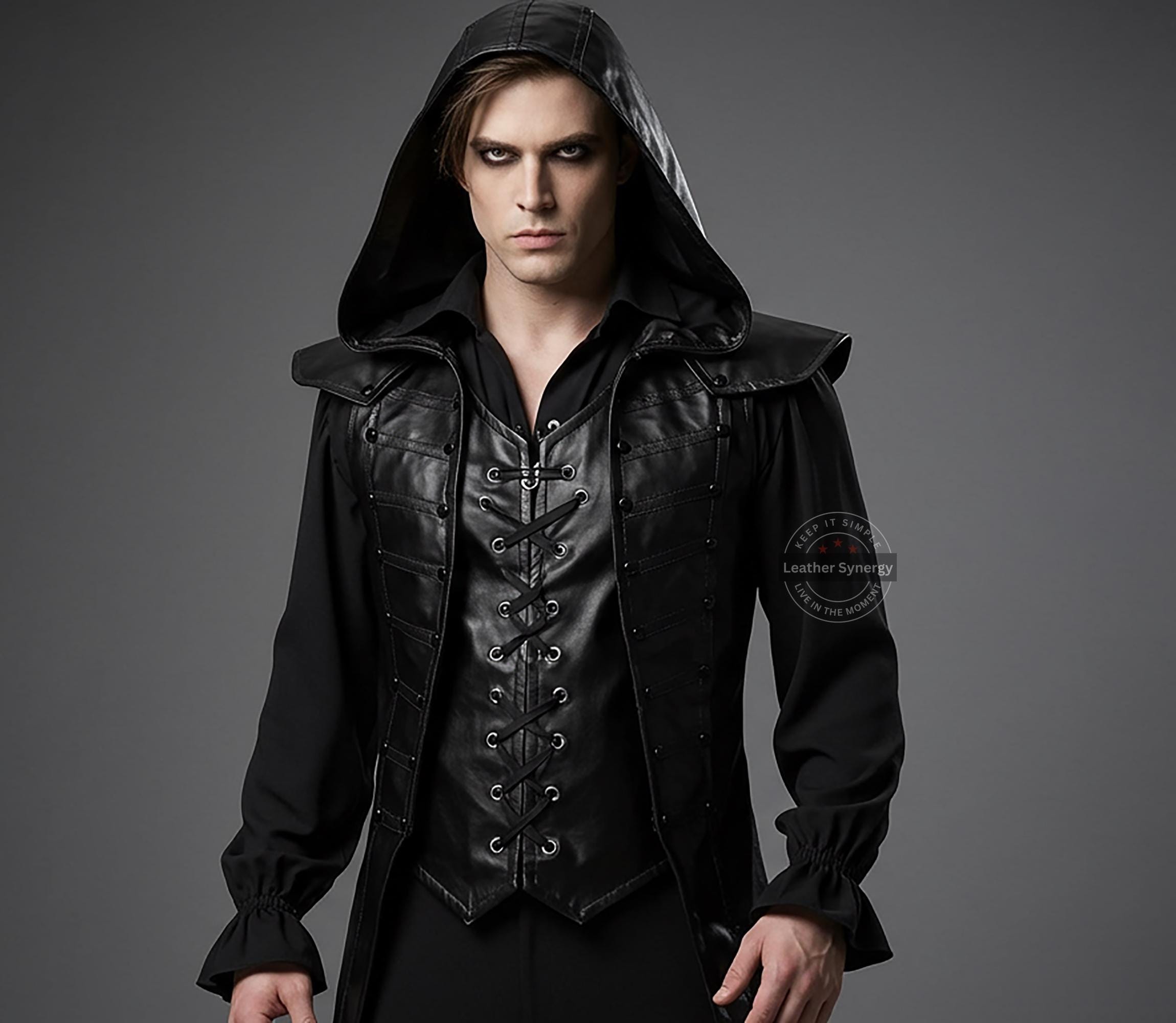 Custom Made Black Leather Halloween Double Vest for Men | Gothic Lace-Up Double Front Leather Vest | Long Cosplay Vampire Vest