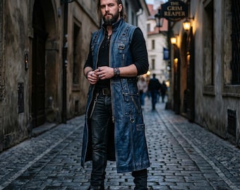 Ręcznie robiona męska długa niebieska skórzana kamizelka, postarzana skóra bydlęca, gotycki długi trencz, wielozapinana, bezrękawnik LARP, skórzana kamizelka męska do kolan