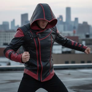 May include: Black and red hooded jacket with a unique design. The jacket features a front zipper, buckle details, and red accents along the seams and hood. The jacket is made of a leather-like material.