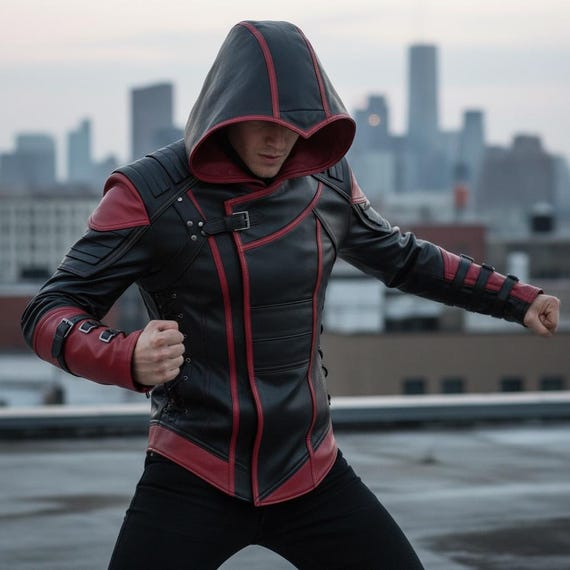 Men Hooded Leather Jacket Black And Red Assassin Style Streetwear Sheepskin Cosplay Jacket Leather Gothic Jacket Biker Jacket Custom Size