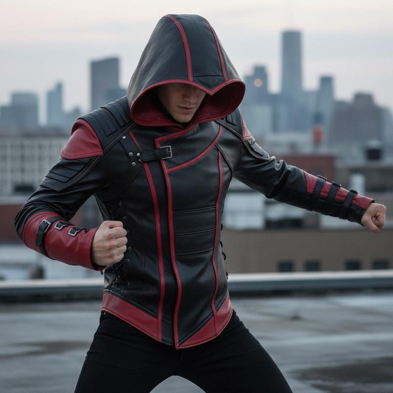 May include: Black and red hooded jacket with a unique design. The jacket features a front zipper, buckle details, and red accents along the seams and hood. The jacket is made of a leather-like material.