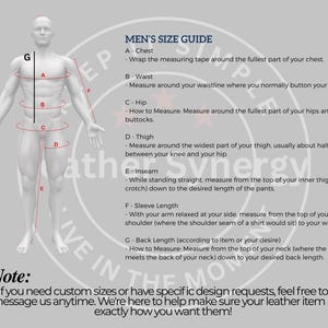 May include: A size guide for men's clothing, featuring a diagram of a male figure with measurement points labeled A through G. Text explains how to measure chest, waist, hip, thigh, inseam, sleeve length, and back length. Includes a note about custom sizes.