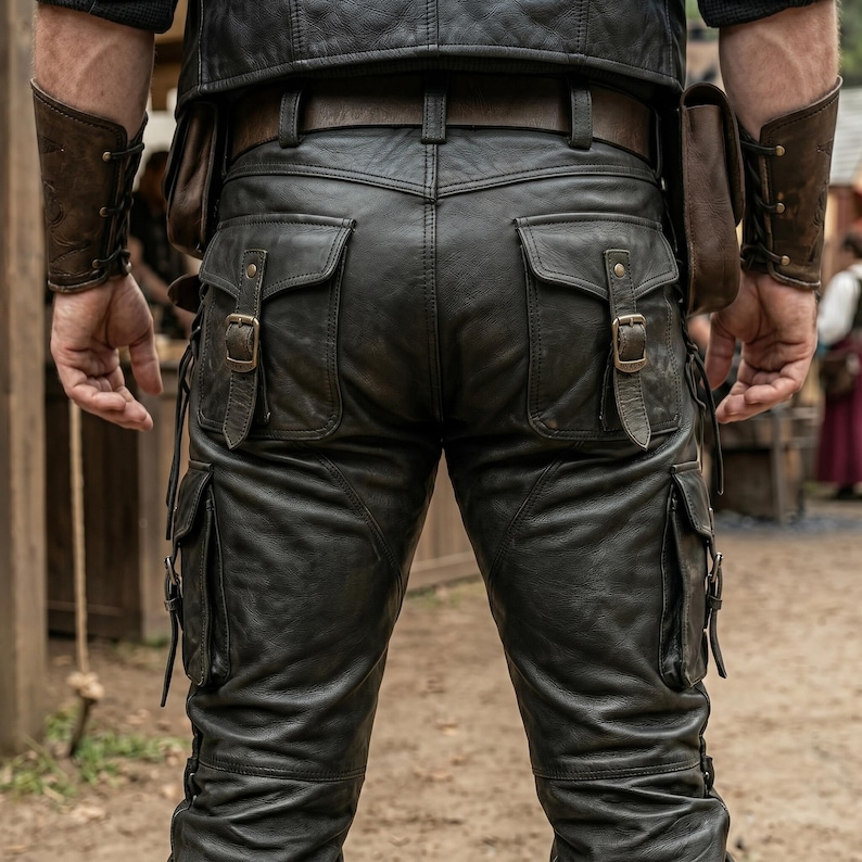 May include: Black leather pants with multiple pockets and brass buckles. The pants have a rugged, worn appearance, with visible stitching and a belt. The image shows the back of the pants, with a leather vest and belt visible.