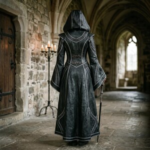 May include: A long, black hooded coat with intricate silver-colored trim and flared sleeves. The coat features a detailed design on the back and is worn with a matching walking stick. The setting is a stone hallway with arched ceilings and a wooden door.