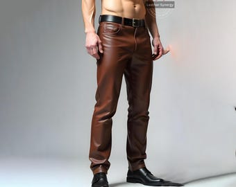Brown Leather Pants for Men |Handmade Slim Fit Trousers | Custom Tailored Genuine Leather Jeans | Stylish Festival Clubwear or Formal Outfit