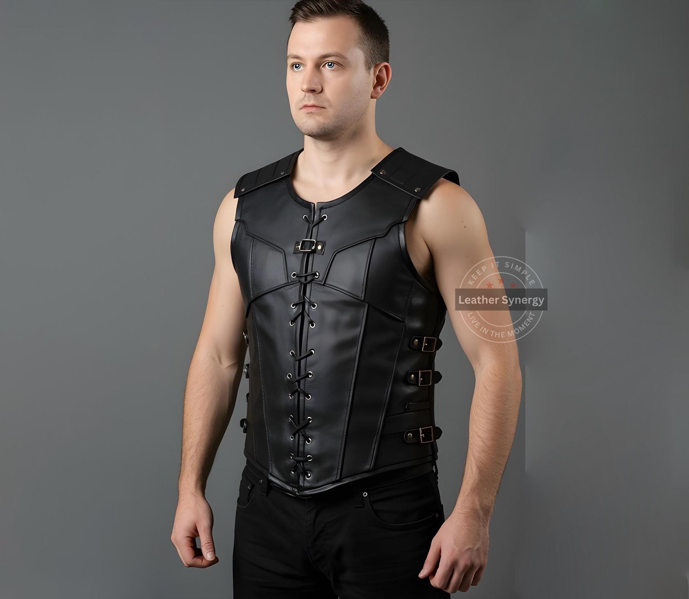 Handmade Black Leather Cosplay Vest for Men | Custom Fit LARP Armor | Real Leather Fantasy Cosplay Vest