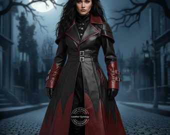 Handmade Black & Red Leather Vampire Coat | Gothic Trench Overcoat | Custom Cosplay Long Jacket | Steampunk Festival Wear