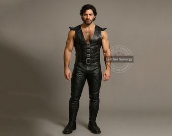 Schwarze Lederschnalle Weste & Hose für Männer | Handgefertigtes Custom Festival Outfit | Echtes Leder Cosplay Wear | Gothic Muskel Fashion