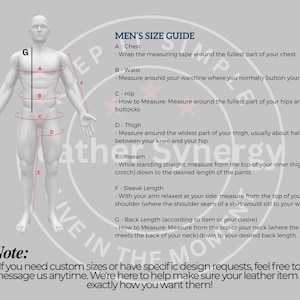May include: A size guide for men's clothing, featuring a diagram of a male figure with measurement points labeled A through G. Text explains how to measure chest, waist, hip, thigh, inseam, sleeve length, and back length. Includes a note about custom sizes.