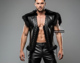 Handmade Men's Genuine Leather Vest & Pants | Custom Black Fur Trim Outfit | Personalized Tailored Leather Streetwear Set