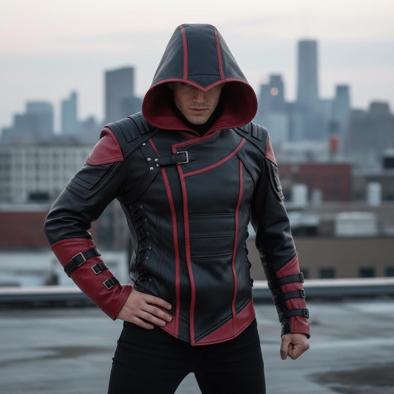 May include: Black and red hooded jacket with a unique design. The jacket features red accents along the seams, shoulders, and cuffs. It has a high collar and multiple buckles. The hood is black with a red interior. The jacket is worn over black pants.