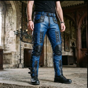 May include: Blue leather trousers featuring black leather accents, including reinforced knee patches, side lacing panels, and multiple zipped pockets. The trousers include a front zip closure, a belt with a buckle, and decorative metal chains.