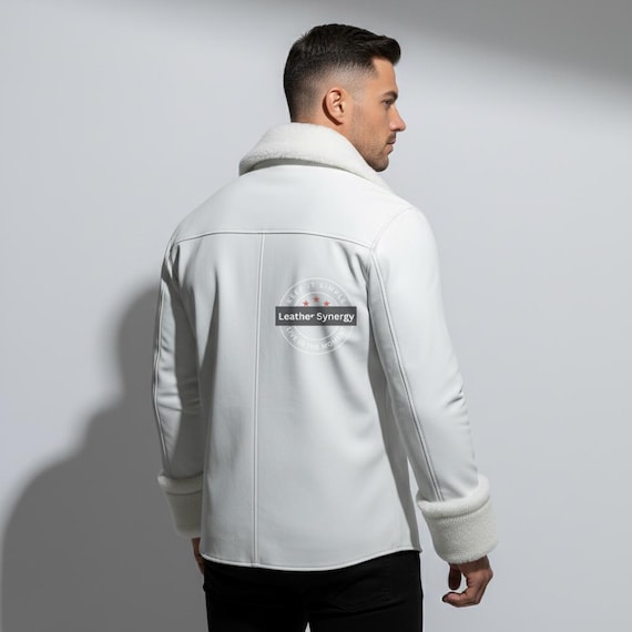 Handmade Men's Genuine White Leather Jacket | Custom Shearling