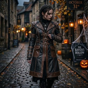 May include: A long, structured coat featuring a combination of black and brown leather panels, multiple silver-toned buckles, spiked shoulder details, and integrated fingerless gloves, worn over a black high-neck garment with a silver necklace.