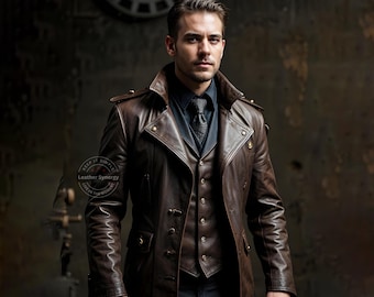 Handmade Brown Leather Steampunk Jacket for Men | Gothic Style Leather Jacket | Victorian Style Leather Coat | Custom Fit Steampunk Clothing