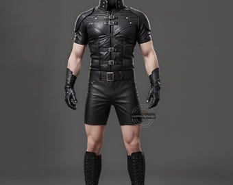Echt zwart leren cosplayshort en pantsershirt voor heren | Handgemaakte leren krijgersoutfit | Gothic LARP leren set