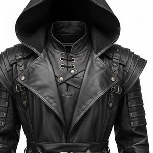 Puede incluir: Chaqueta con capucha de cuero negro con detalles intrincados. Cuenta con un cuello alto, detalles en los hombros y un cierre con cordones. La chaqueta tiene m&uacute;ltiples hebillas y un cintur&oacute;n, creando un look elegante y atrevido.
