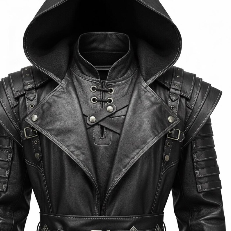 Puede incluir: Chaqueta con capucha de cuero negro con detalles intrincados. Cuenta con un cuello alto, detalles en los hombros y un cierre con cordones. La chaqueta tiene m&uacute;ltiples hebillas y un cintur&oacute;n, creando un look elegante y atrevido.