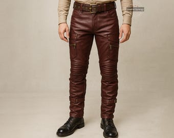 Custom Made Burgundy Leather Steampunk Pants for Men | Gothic Cosplay Trousers | Handmade Victorian Festival Bottoms