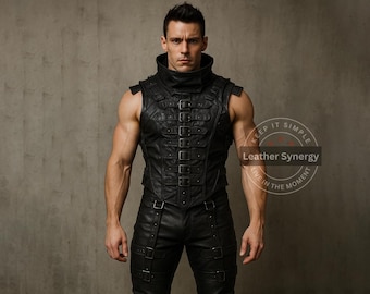 Echte Rindsleder Weste & Hose - Gothic Festival Wear | Cosplay Kostüm | Steampunk Kampfbekleidung | Handgemacht, um zu bestellen