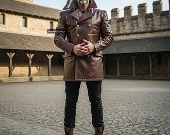 Handmade Brown Genuine Leather Peacoat | Custom Double-Breasted Long Coat | Tailored Medieval Cosplay Jacket