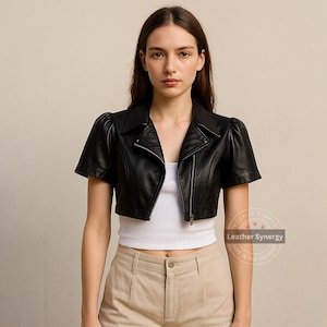 Women&#39;s Cropped Black Leather Jacket | Short Sleeve Moto Biker Jacket | Handmade Real Leather Crop Top Outerwear | Custom Fit