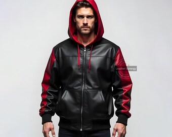Handmade Black and Red Leather Hoodie Jacket | Real Leather Black Jacket with Hood | Classic Leather Black and Red Jacket