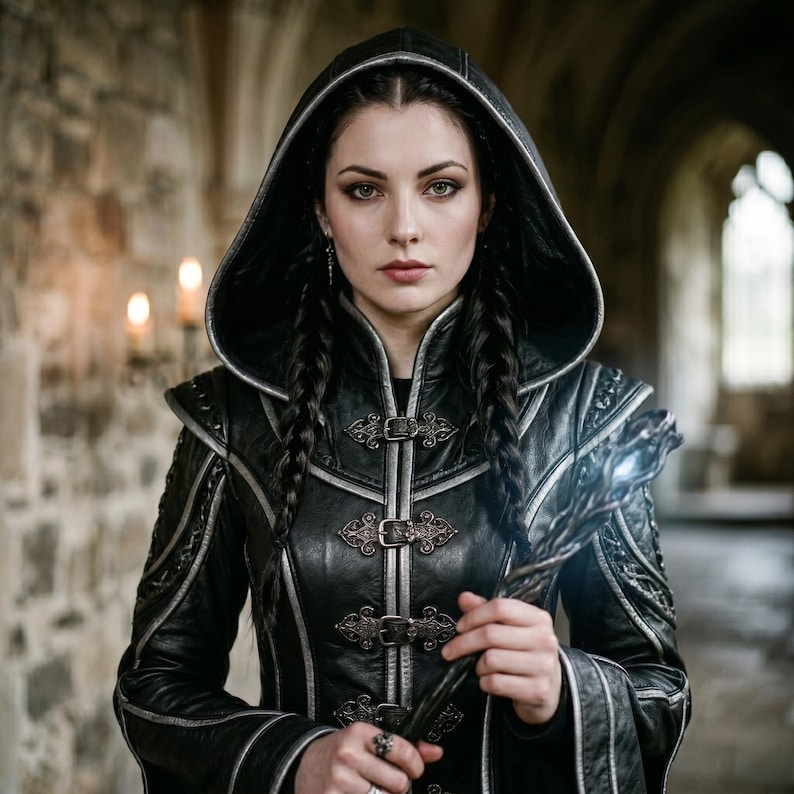 May include: A black leather hooded jacket with silver trim and decorative clasps. The jacket features intricate stitching and shoulder accents. The person in the image has long, dark braided hair and is holding a staff with a glowing tip. The background is a stone hallway.