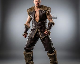 Handmade Men’s Brown Leather Armor Set with Fur Trim | Custom Viking Cosplay Outfit | Renaissance Fair Medieval Costume