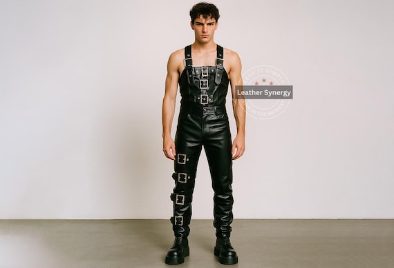 Genuine Leather Buckled Jumpsuit for Men | Handmade BDSM Harness