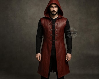Custom Made Red Leather Gothic Long Vest with Hood | Vampire Sleeveless Trench Coat | Medieval Cosplay Hooded Jacket