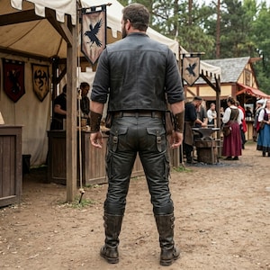 May include: A person wearing a black leather jacket, matching pants with pockets, and tall brown boots. The person is standing in front of a medieval-themed market with tents and banners.