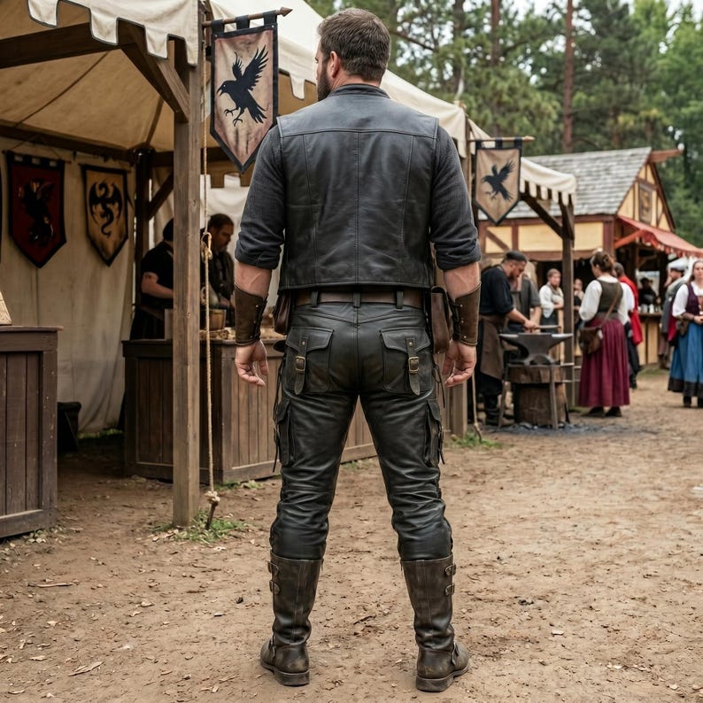 May include: A person wearing a black leather jacket, matching pants with pockets, and tall brown boots. The person is standing in front of a medieval-themed market with tents and banners.